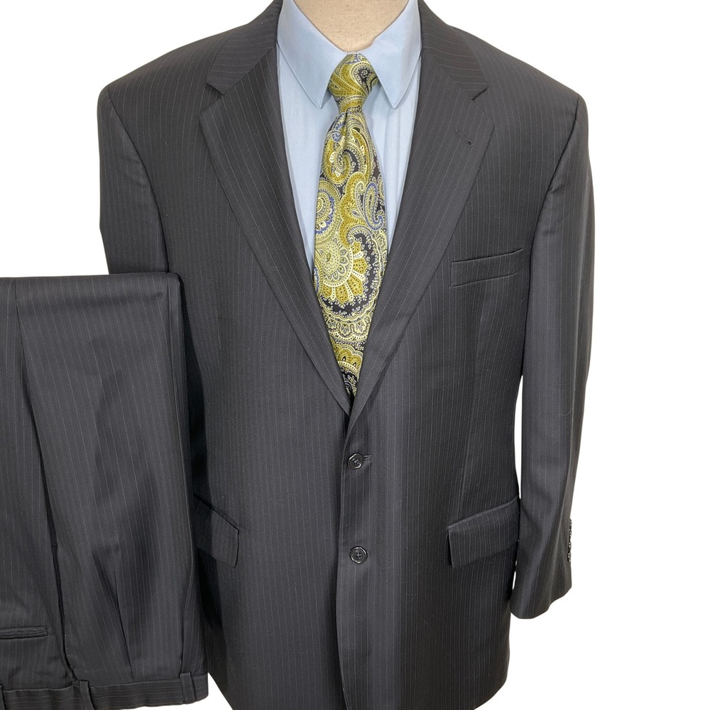 JOS A BANK Signature Suit Mens 46L 40W 29L Black Purple Pinstripe 2 Button Wool